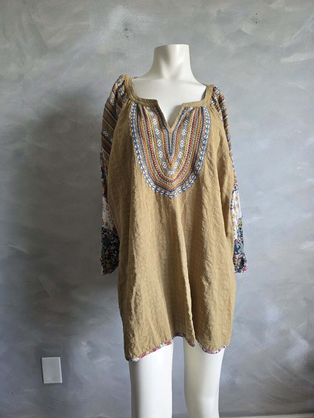 John Mark Embroidered Olive and Blue Floral Loose Tunic Blouse Sz 3X - Picture 3 of 12